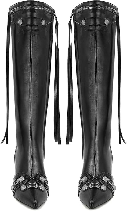 Sleek pointed-toe knee-high boots with stiletto heel, rivets, and tassels - a stylish statement piece. You don't want to miss it! https://a.co/d/0eSH5bug
