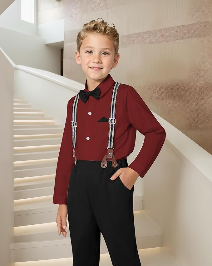 DISAUR Boy Suits Boys Wedding Outfit Dress Shirt with BowtieSuspender Pants for Formal Occasion 6-10 Years