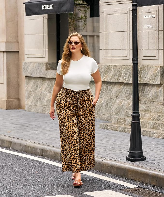 SHEIN, CARCOS Plus Size Pants Summer Palazzo Wide Leg Pants Smocked High Waist Ankle Beach Lounge Trouser with Pockets XL -5XL