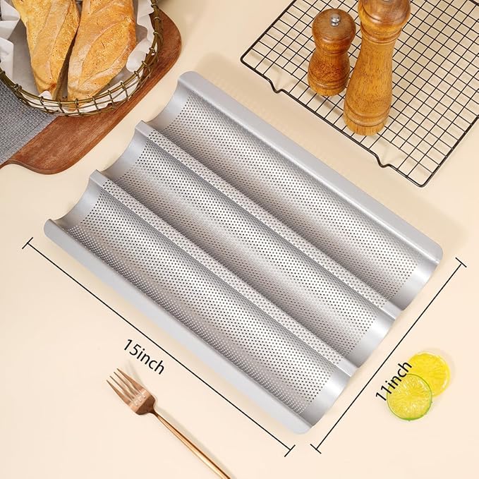 Hesanzol Baguette Pans for Baking 15" x 11", 3 Loaf Carbon Steel French Bread Pan Nonstick Perforated Baguette Baking Tray Silver