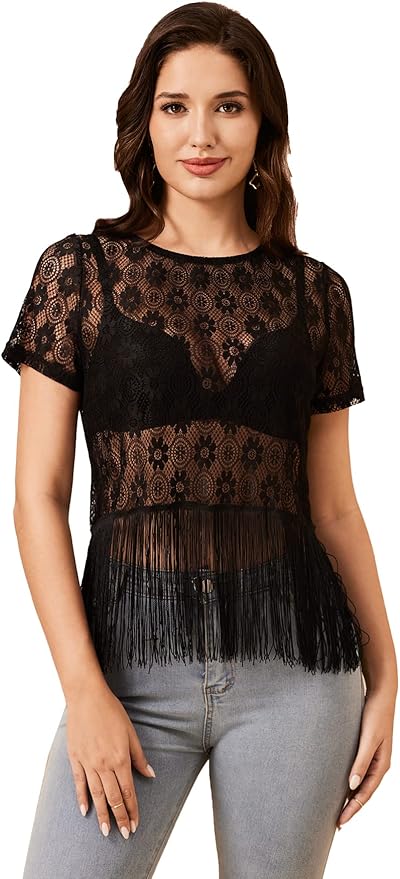 SweatyRocks Women's Fringe Trim Sheer Lace Short Sleeve Blouse Top Round Neck T Shirts