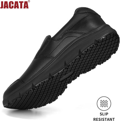 Jacata Non Slip Black Work Shoes for Men Food Service Mens Water Slip Resistant Leather Slip on Chef Walking Shoes for Restaurant Kitchen Sneakers