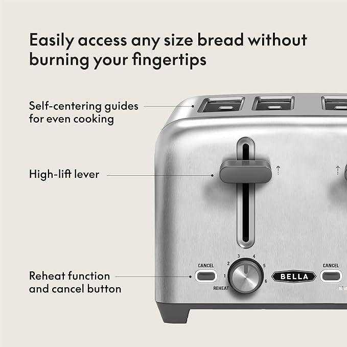 BELLA 4 Slice Toaster with Auto Shut Off - Extra Wide Slots and Removable Drop-Down Crumb Tray with Cancel and Reheat Function - For Texas Toast, Large Bread  Bagel, Stainless Steel