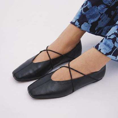 Women's Square Toe Ballet Flats Criss-Cross Straps Comfortable Slip On Mary Jane Flat Shoes for Office Work Casual