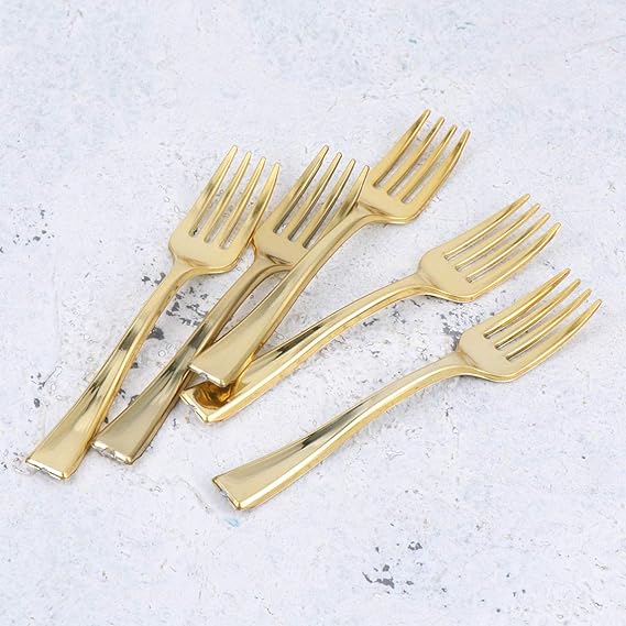 Cabilock 24pcs Disposable Mini Fork Fruit Dessert Pudding Forks Mini Plastic Tasting Forks for Appetizer Desserts Cocktail Cake Fruit Wedding Party Gold