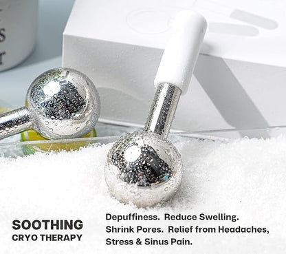 ICE Globes for Facials  Gua Sha Set, Gua Sha Facial Tools and Cryo Sticks with Unbreakable Steel, Face Massager Cooling Rollers for Dark Circles, Puffiness and Lymphatic Drainage (White)