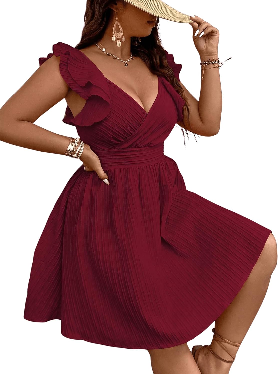 Floerns Women's Plus Size Wrap Front Sweetheart Neck Ruffle Cap Sleeve A Line Dress.