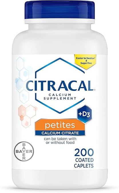 Citracal Petites, 400 mg Calcium Citrate, Easily Absorbed and Highly Soluble with 12.5 mcg (500 IU) Vitamin D3, Bone Health Support for Ages 12, Smaller and Easier to Swallow Caplets, 200 Count
