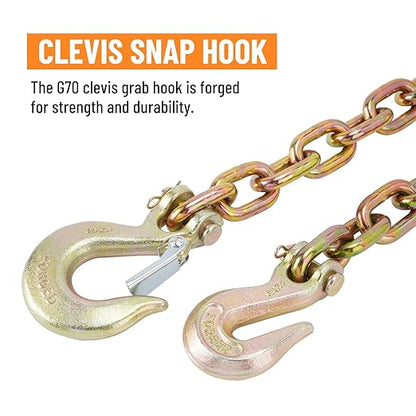 3/8" Binder Chain with Clevis Grab Hooks, 8 FT Trailer Safety Chain, Grade 70 Standard Duty Transport Tow Chain 6,600 Pound Safe Working Load