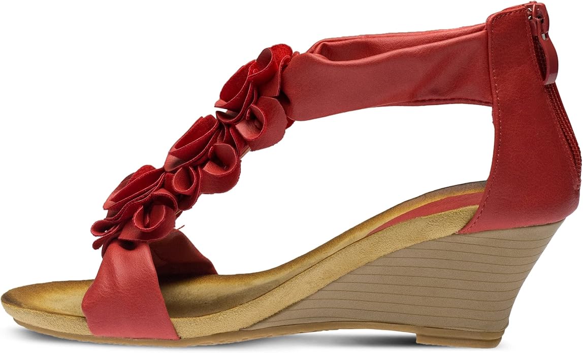 PATRIZIA Women's HARLEQUIN Ankle Strap T-Strap Wedge Sandals - Floral Design, Cushioned Insole, Back Zipper