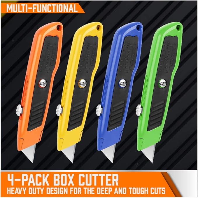 HORUSDY 4-Pack Box Cutter Utility Knife, Heavy Duty Aluminum Shell Retractable Box Cutter for Cardboard, Boxes and Cartons, Extra 10 Blades