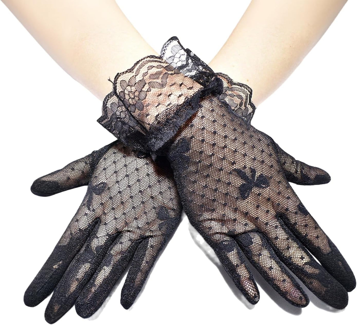 Women Lace Gloves Party Wedding Tea Party Glove Black Bow Short Gloves for Opera Evening Bridal Elegant Accessories
