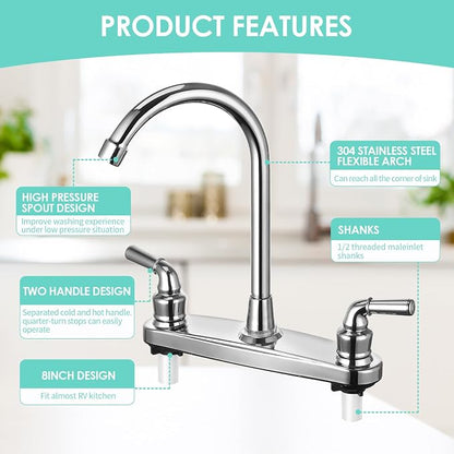 RV Non-Metallic Kitchen Faucet Two Handle-8" Main Body-High Arch-360 Swivel Replace for Motorhomes, Travel Trailers,Campers (8" HIGH Arch)