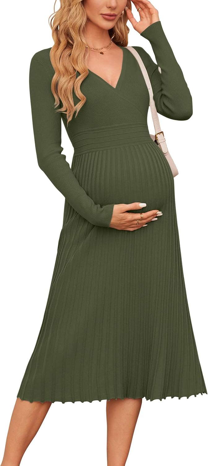 OUGES Women's Fall Maternity Dress for Photoshoot Long Sleeve Wrap V Neck Pleated Baby Shower Sweater Midi Dresses 2026.