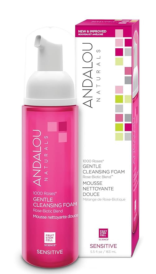 Andalou Naturals 1000 ROSES Gentle Cleansing Foam Face Wash, Hydrating Foaming Facial Cleanser with Rosewater  Aloe for Women  Men, Non Toxic, Vegan