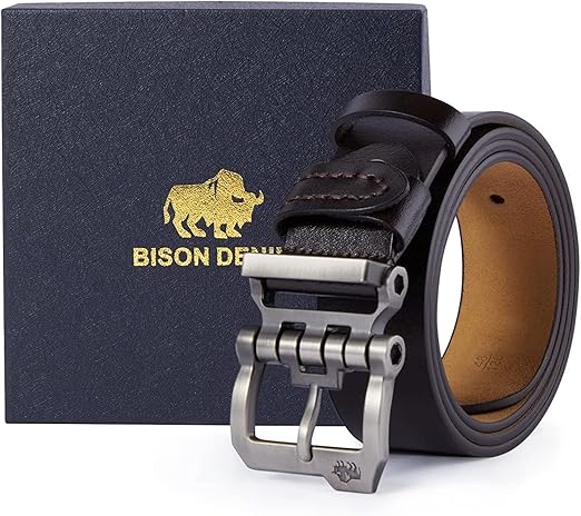 BISON DENIM Men's Belts Leather Dress Genuine Leather Classic Heavy Duty Buckle Belt Casual for Jeans