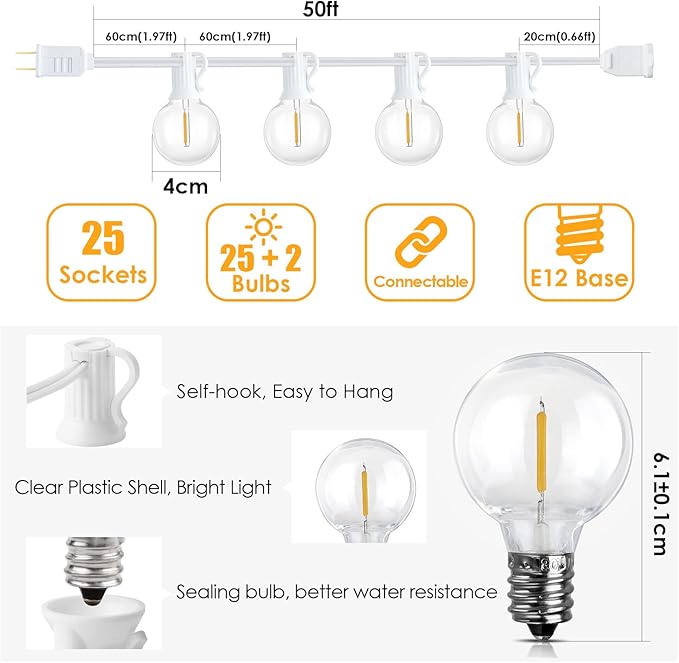 Mlambert 50Ft Outdoor String Lights, G40 Globe Patio Lights with 252 Waterproof Shatterproof LED Bulbs for Balcony Porch Bistro Deck-White Wire