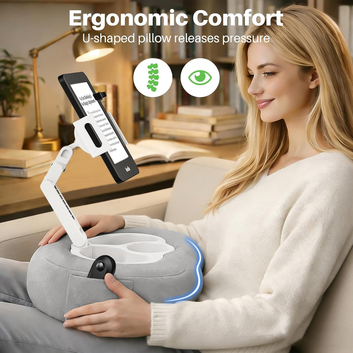 Gray Pillow Stand - Adjustable Kindle Holder for Bed,Sofa, 2-in-1 for Kindle/Tablet, Soft Plush for Reading in Bed (Does Not Include Controller)