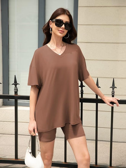 Women's 2 Piece Lounge Sets Summer V Neck Oversized Short Sleeve Tshirts Biker Shorts Matching Travel Outfits