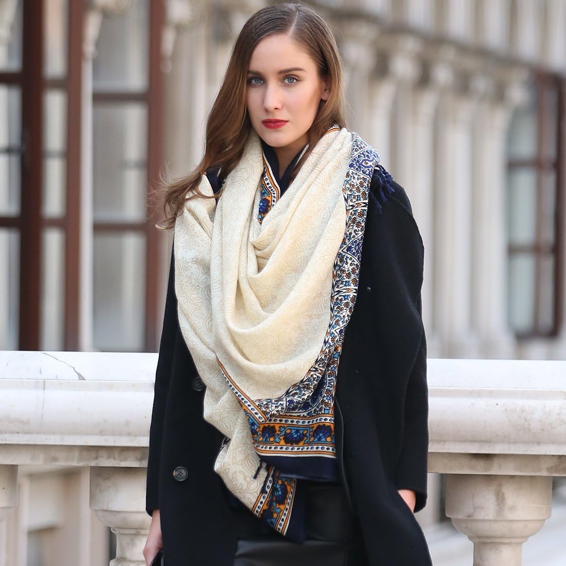 DANA XU 100% Merino Wool Pashmina Shawl for Women 96"x43", Oversized Cashmere Wrap with Tassels, Floral Travel Blanket Cape