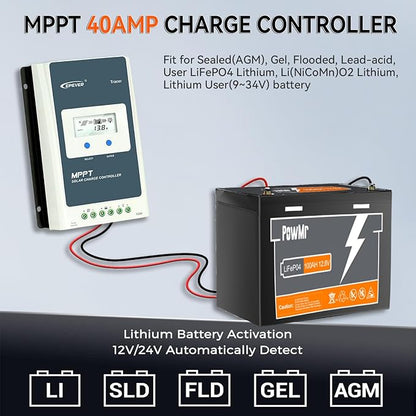 EPEVER 40amp MPPT Solar Charge Controller 12V24V Auto, Negative Grounded 40A Solar Panel Charge Regulator w LCD Display for 12V24V Gel Sealed Flooded and Lithium Battery