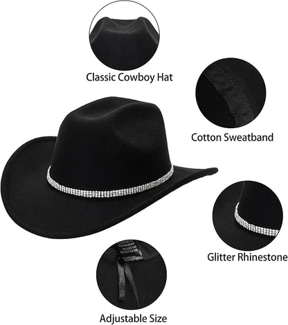 Women-Rhinestone-Western-Cowboy-Hats - Vintage-Wide-Brim-Cowgirls-Hat Bling-Diamond-Hat for Disco Music Party M/L