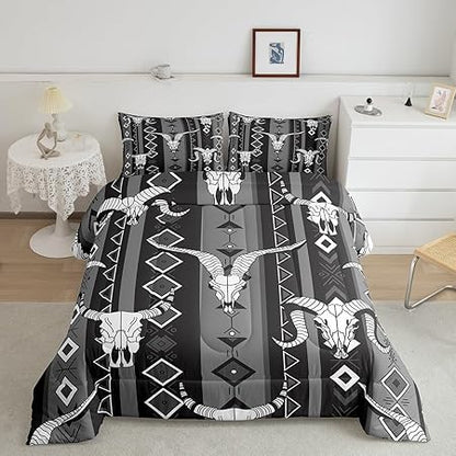 Western Boho Bedding Sets Queen Bull Skull Cowboy Quilt Set Black White Grey Southwestern Aztec Comforter Set for Teen Boys Men Ethnic Tribal Geometric Diamond Duvet Insert Southwest Room Decor 3 Pcs