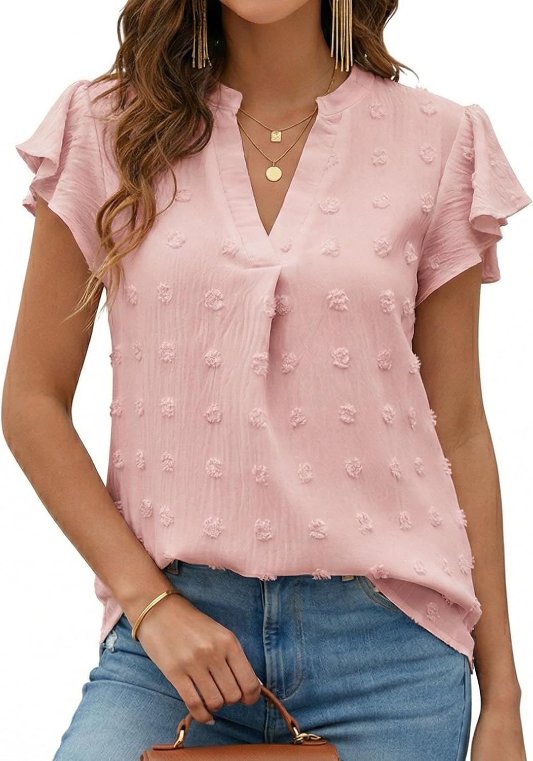 Womens Blouse V Neck Ruffle Short Sleeve Flowy Shirts Dressy Casual Cute Summer Tops Tunic Fashion Clothes