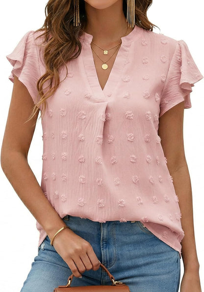 Womens Blouse V Neck Ruffle Short Sleeve Flowy Shirts Dressy Casual Cute Summer Tops Tunic Fashion Clothes