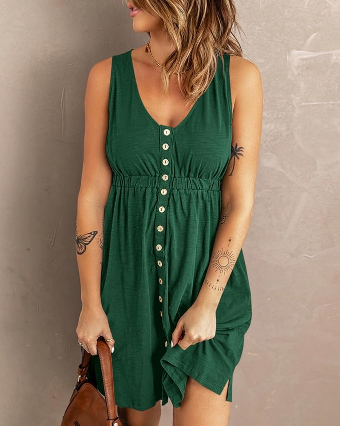 BTFBM Women Sleeveless Summer Dress 2025 Crewneck Ribbed Knit Ruffle Swing Button Down Beach Sun Mini Tank Short Dresses
