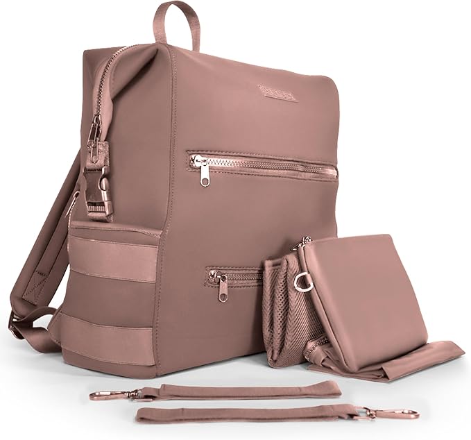 Neoprene Diaper Bag, Minimalist Backpack Diaper Bag with Pouch, Changing Pad, and Stroller Straps, Water Resistant and Lightweight Baby Girl Diaper Bag, Diaper Bag Backpack, Mauve