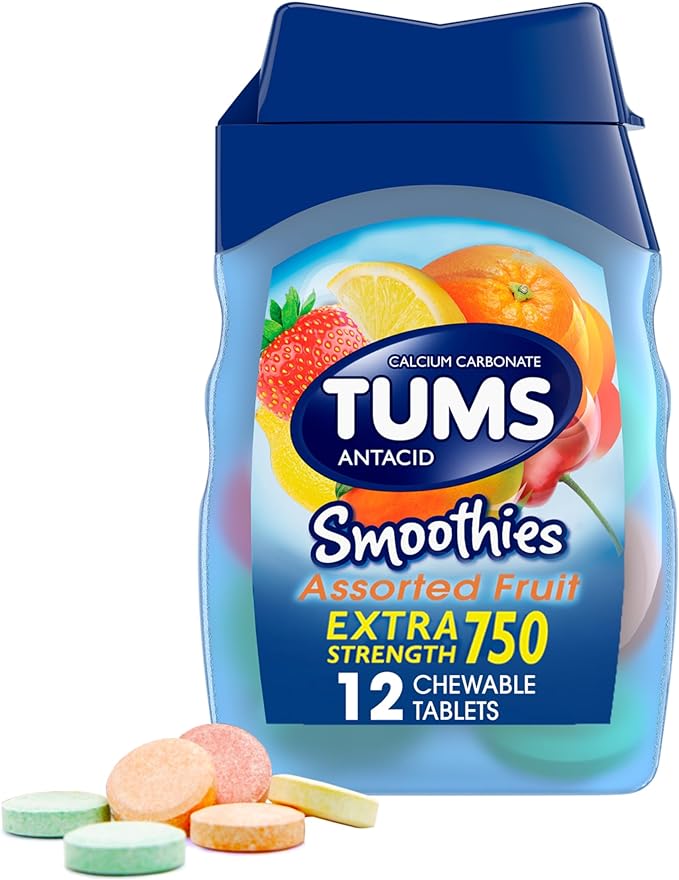 TUMS Smoothies Extra Strength Antacid Chewable Tablets for Heartburn Relief, Assorted Fruit - 12 Count