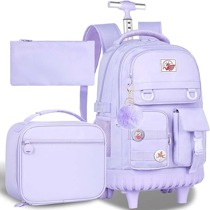 CCJPX Rolling Backpack for Girls Women, 21 inch Roller Wheels School Bookbag, Wheeled Suitcase Backpacks with Lunch Bag for Teen - Purple
