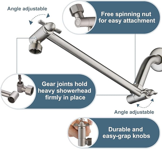 BRIGHT SHOWERS Brass Shower Head Extension Arm for Rain and Handheld Shower Head, 10 Inch Universal Shower Arm Extender, Height & Angle Adjustable, Brushed Nickel