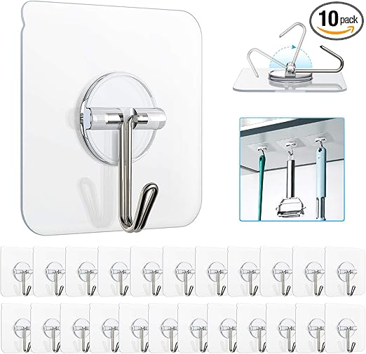 Adhesive Hooks, Removable Wall Hooks 13 LB Ceiling Hooks Transparent Seamless Hooks Waterproof and Oil Proof for Cabinet Kitchen Bathroom Ceiling Office Window 10 Pack