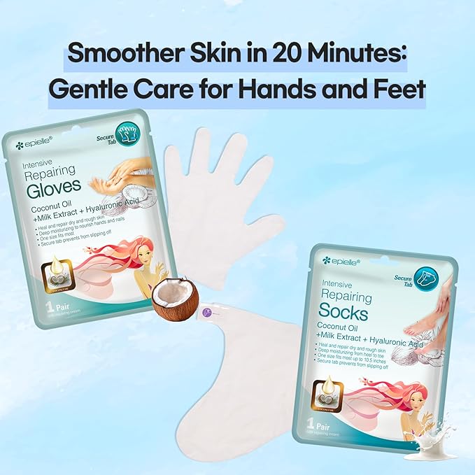 Epielle Intensive Repairing Hand Masks (Gloves-6pk) for Dry Hands Spa Masks | Coconut Oil + Milk Extract + Hyaluronic Acid | Skincare Gifts | Skincare Party Favors, Mother's Day Gifts