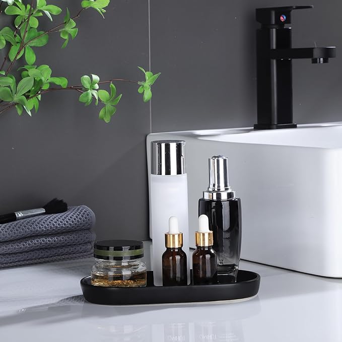 Matte Black Round Soap Dispenser Tray - 8'' Ceramic Vanity Tray for Bathroom Decorative, Jewelry Ring Dish, Comestic Holder, Kitchen Sink Countertop Organizer Plate (Black Scales)