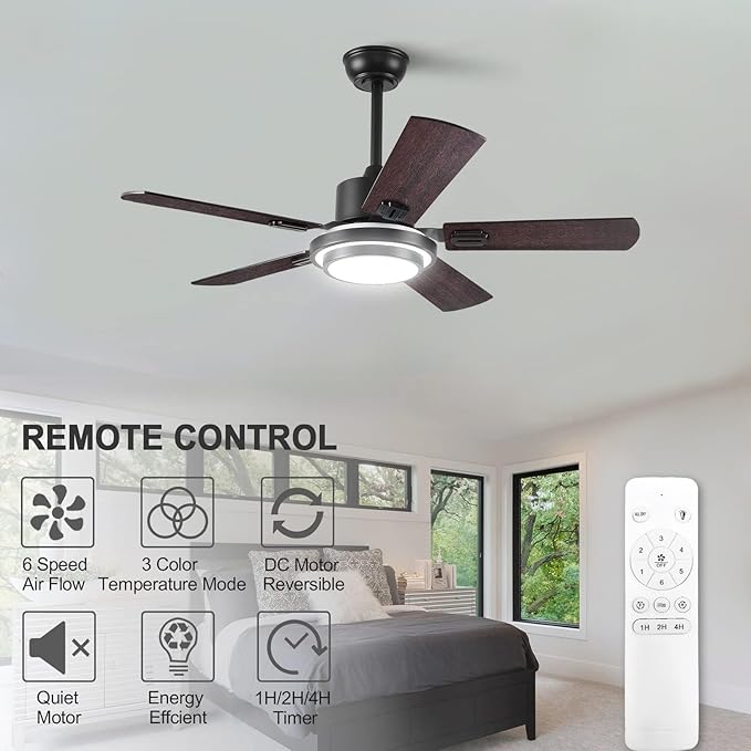 BOOMJOY 42Modern Black Ceiling Fans with Lights and Remote Control,5 Blades,Reversible DC motor,Wood Ceiling Fan with Light for Ourdoor Indoor Patios Farmhouse Living Room Kids Bedroom