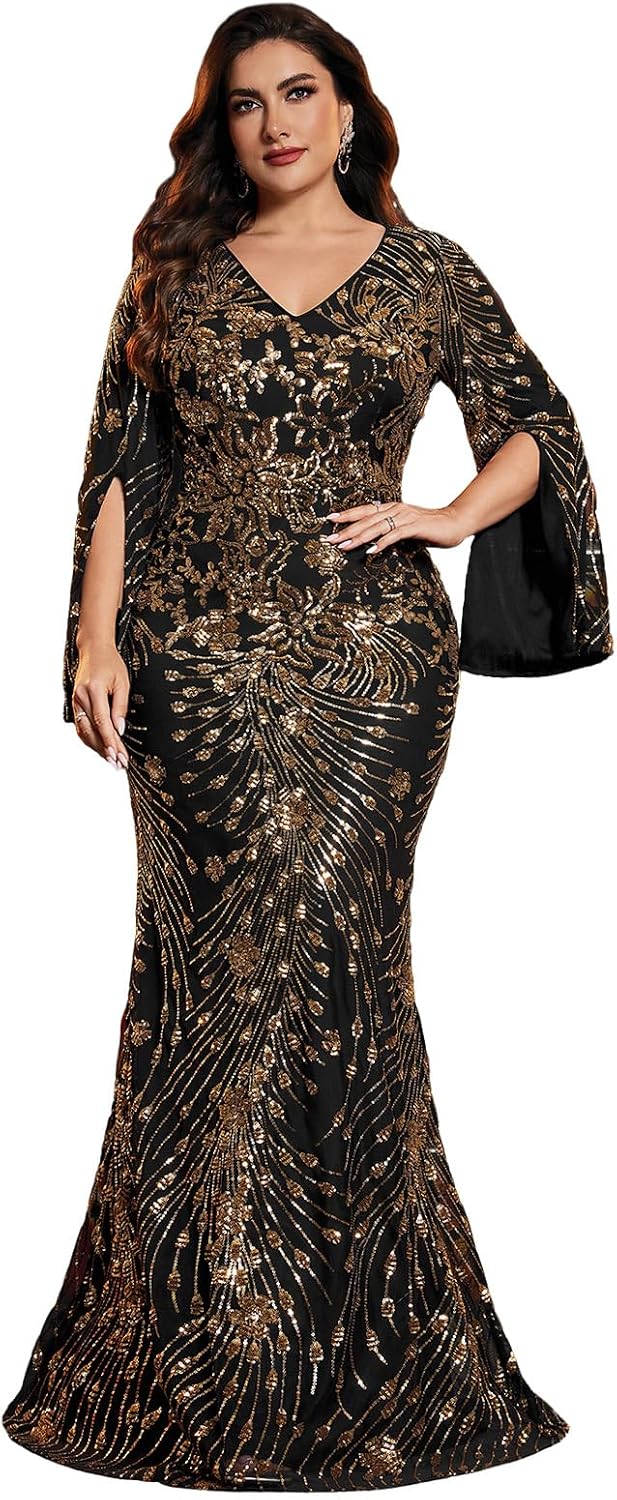 BluePlum Plus Size Formal Dresses for Women with Embroidery Sequin and Cape Sleeve, V-Neck Maxi Dress for Wedding and Party.