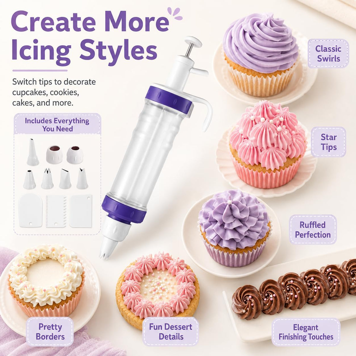 Frosting Piping Kit with Syringe Dispenser, 5 Nozzles, 3 Cake Scrapers Icing Dispenser Tool Cake Decorating Kit for Cupcakes, Cookies, Dessert Filling and Deviled Eggs (2 nozzles not included)