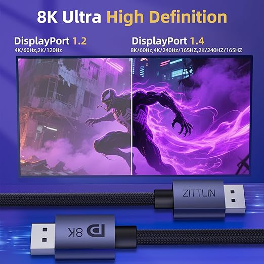 8K DisplayPort Cable 1.4, 3.3 FT DP Cable (VESA Certified, 8K60Hz, 4K60Hz120Hz240Hz, 2K120Hz165Hz240Hz), 32.4Gbps High Refresh Rate for Gaming MonitorHDRHDCPFreeSyncG-Sync