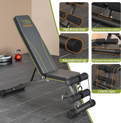Fitgoods Adjustable Weight Bench for Home Gym, Foldable 700LBS Workout Bench with 9 Backrests, Multi-Purpose Bench Press for Incline Decline Flat with Fast Adjustment (2 resistance bands)