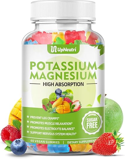 Potassium Magnesium Supplement Gummies for Adults Kids, Sugar-Free Potassium Gummies Supports Leg Cramps  Muscle  Immune Health, High Absorption Vegan Magnesium Gummies 5 Fruit Flavor 60 Cts