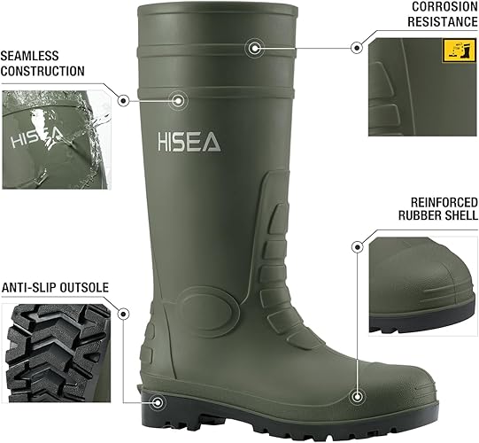 HISEA Men's Rain Boots with Steel Shank, Waterproof Rubber Protective Footwear, Seamless PVC Rainboots Outdoor Work Boots, Durable Garden Fishing Tall Kneed Boot for Agriculture and Industrial Working