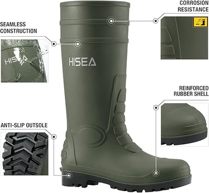 HISEA Men's Rain Boots with Steel Shank, Waterproof Rubber Protective Footwear, Seamless PVC Rainboots Outdoor Work Boots, Durable Garden Fishing Tall Kneed Boot for Agriculture and Industrial Working