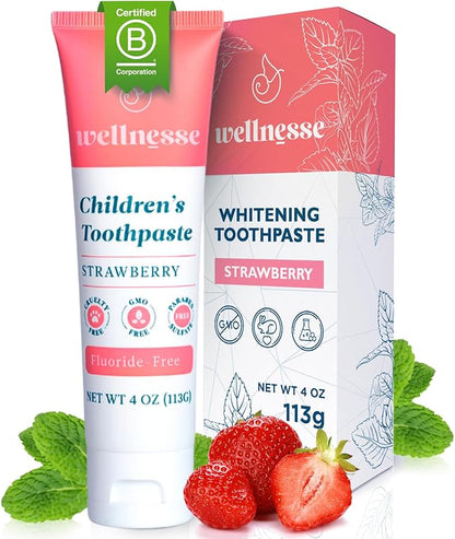 Wellnesse Kids Hydroxyapatite Toothpaste with Xylitol - Fluoride Free Toddler  Children's Natural Toothpaste, Freshens Breath, Sensory-Friendly Oral Care, Vegan, Strawberry Flavor, 4 oz (Pack of 1)