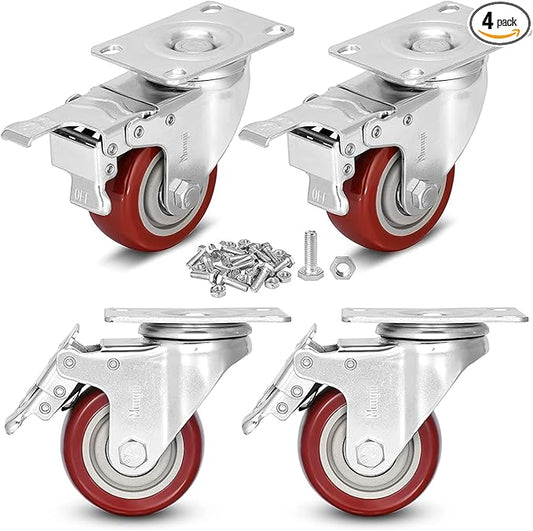 3 inch Heavy Duty Casters Load 1500lbs,Lockable Bearing Caster Wheels with Brakes,Swivel Casters for Furniture and Workbench,Set of 4 (Free Screws)