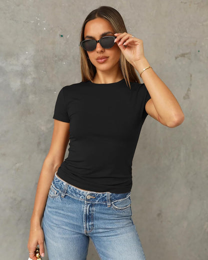 These soft, stretchy crop tops are perfect for everyday wear. The slim fit and crew neck design create a flattering look.