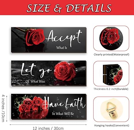 3 Pcs Red Decor Flower Inspirational Wooden Wall Art Red Roses Decor Office Wall Decor with Accept Let Go Have Faith Positive Quotes for Girl Women Bathroom Living Room Bedroom(Red Rose12 x 4 Inch)