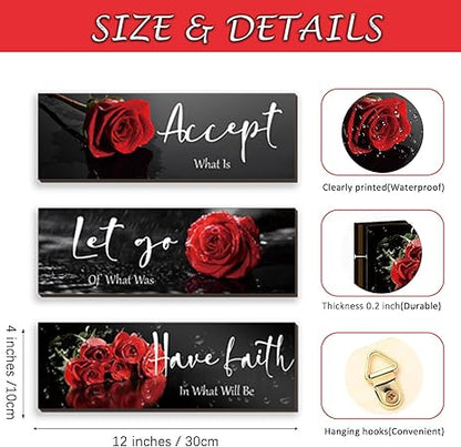 3 Pcs Red Decor Flower Inspirational Wooden Wall Art Red Roses Decor Office Wall Decor with Accept Let Go Have Faith Positive Quotes for Girl Women Bathroom Living Room Bedroom(Red Rose12 x 4 Inch)